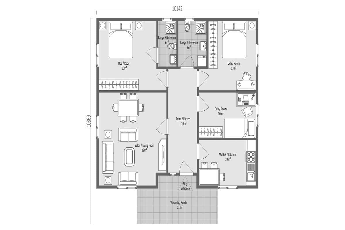 100 m² Prefabrik Ev 3+1